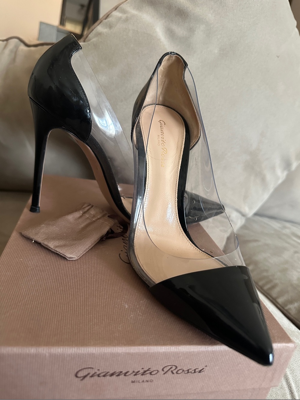 Gianvito Rossi “Plexi” Black Patent Pointed PVC Pump - Picture 9 of 9